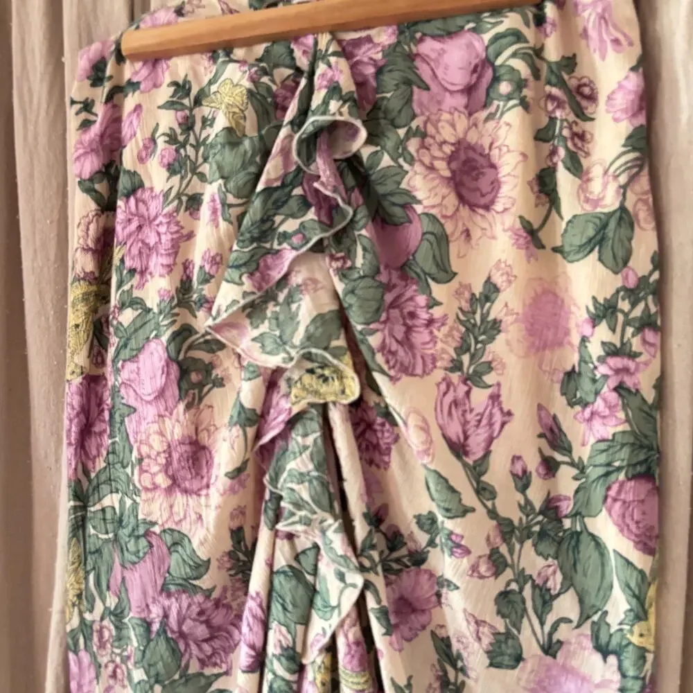 Abercrombie‎ & Fitch Floral Peony Ruffle Front Midi Skirt Cream Pink Size Large